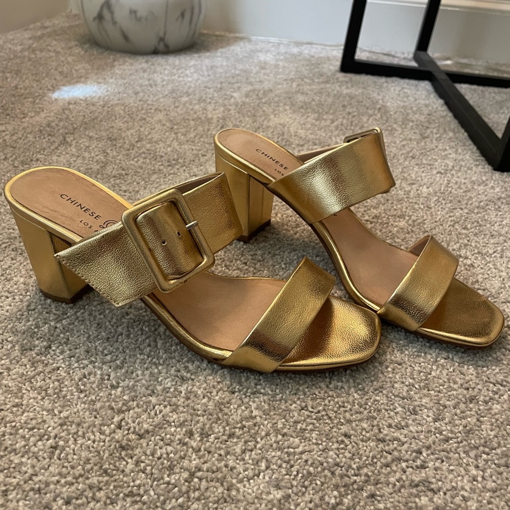 Chinese Laundry Metallic Gold Block Heels